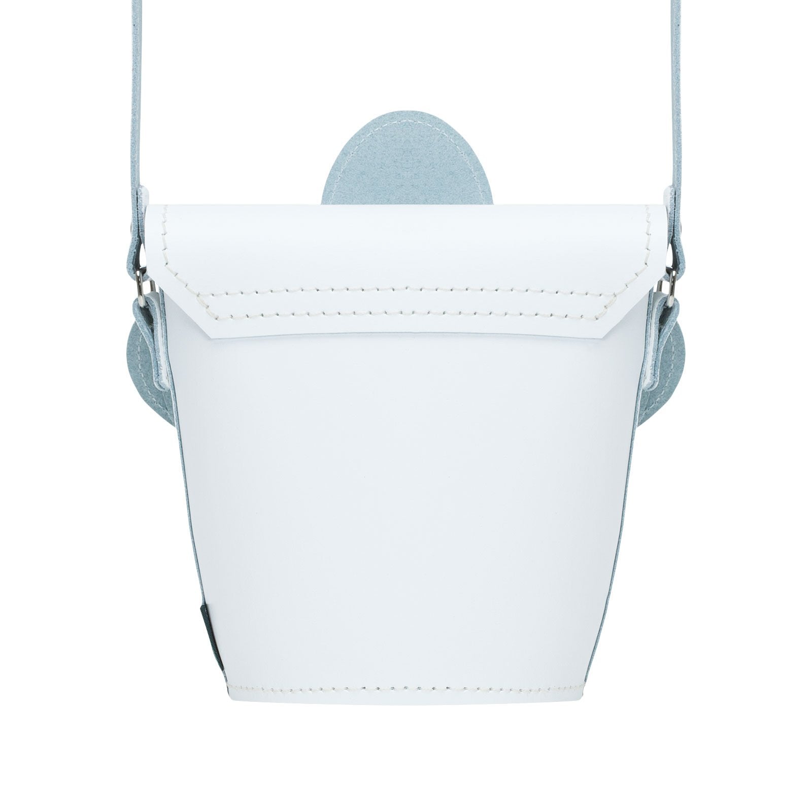 Premium Handmade Leather Daisy Barrel Bag in white and violet, featuring elegant craftsmanship and a whimsical floral design, perfect for chic styling.