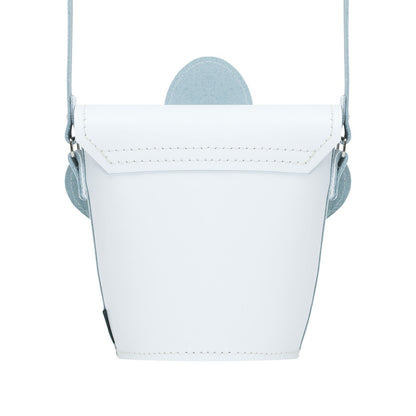 Premium Handmade Leather Daisy Barrel Bag in white and violet, featuring elegant craftsmanship and a whimsical floral design, perfect for chic styling.