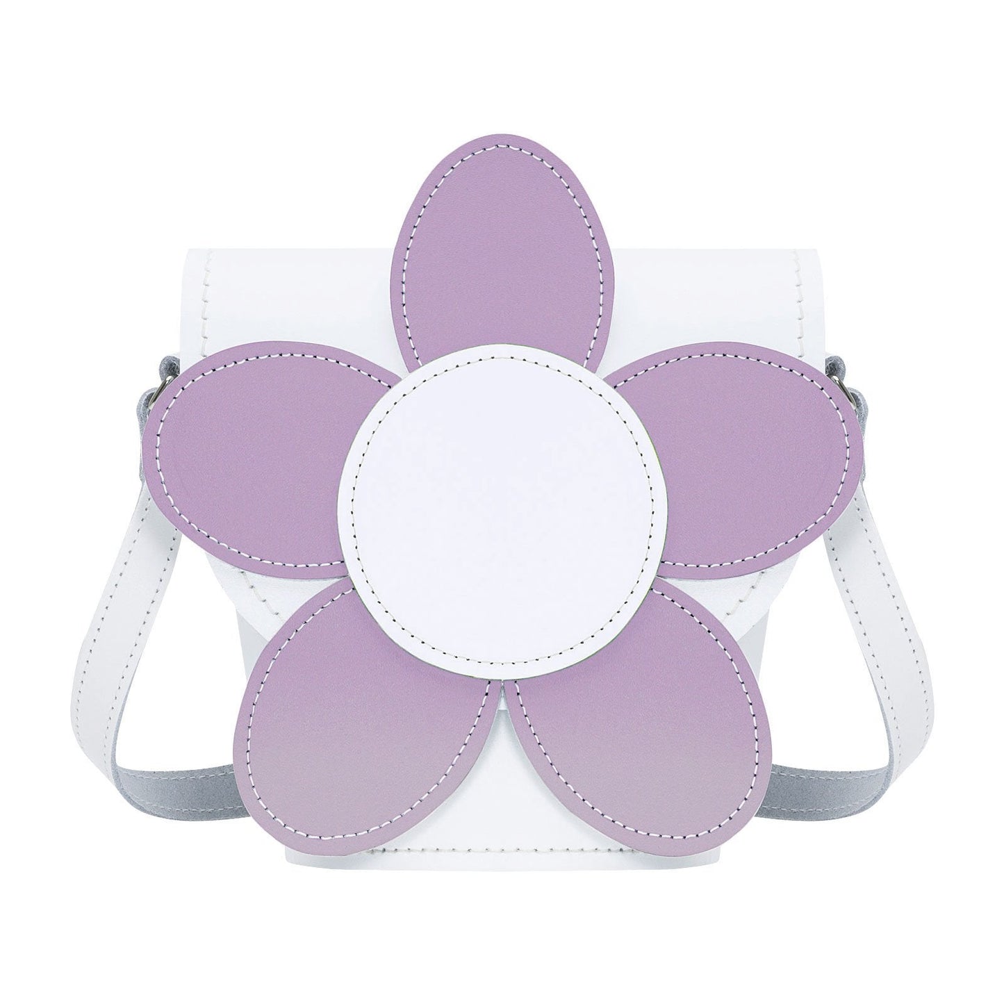 Premium Handmade Leather Daisy Barrel Bag in White and Violet, featuring intricate daisy flower design, elegant hand stitching, adjustable crossbody strap, and magnetic fastening - ideal for style-conscious individuals.