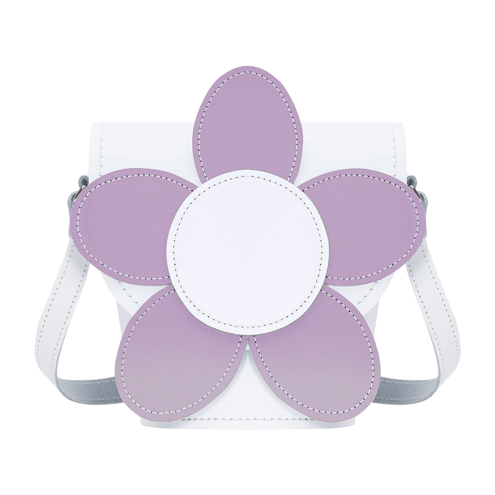Premium Handmade Leather Daisy Barrel Bag in White and Violet, featuring intricate daisy flower design, elegant hand stitching, adjustable crossbody strap, and magnetic fastening - ideal for style-conscious individuals.