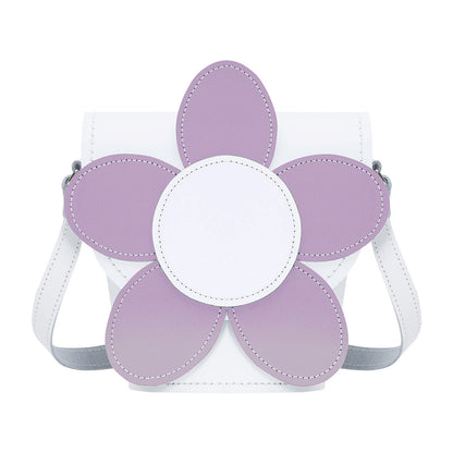 Premium Handmade Leather Daisy Barrel Bag in White and Violet, featuring intricate daisy flower design, elegant hand stitching, adjustable crossbody strap, and magnetic fastening - ideal for style-conscious individuals.