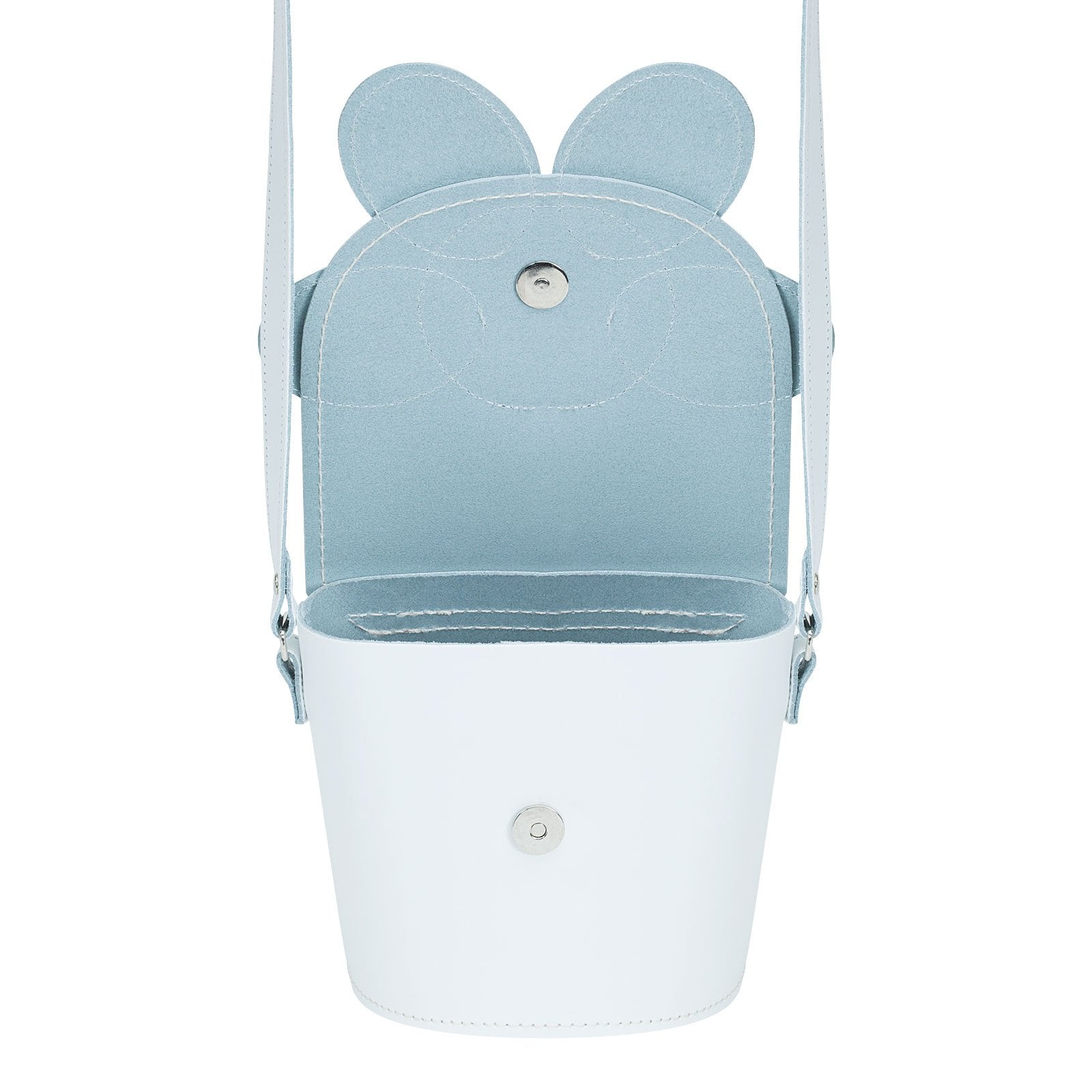 Interior view of the Premium Handmade Leather Daisy Barrel Bag, showcasing ample space for essentials with a stylish magnetic fastening.