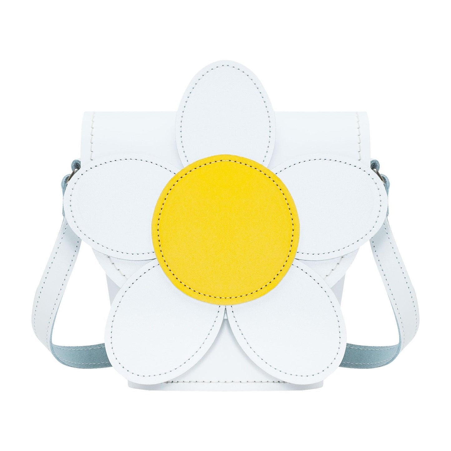 Luxury Handmade Leather Daisy Barrel Bag in white and pastel yellow with elegant daisy design and hand stitching.