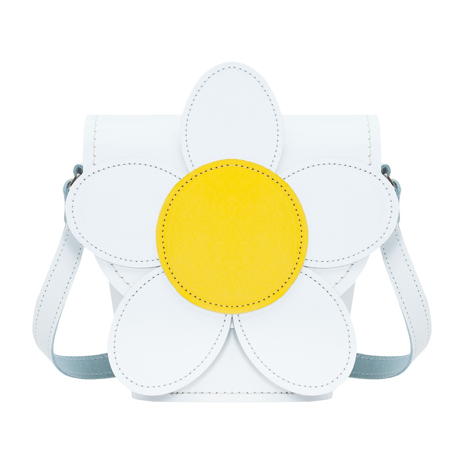 Luxury Handmade Leather Daisy Barrel Bag in white and pastel yellow with elegant daisy design and hand stitching.