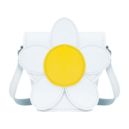 Luxury Handmade Leather Daisy Barrel Bag in white and pastel yellow with elegant daisy design and hand stitching.