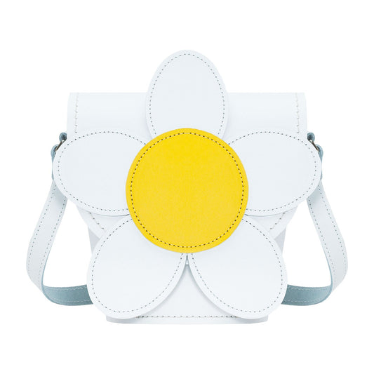 Luxury Handmade Leather Daisy Barrel Bag in white and pastel yellow with elegant daisy design and hand stitching.