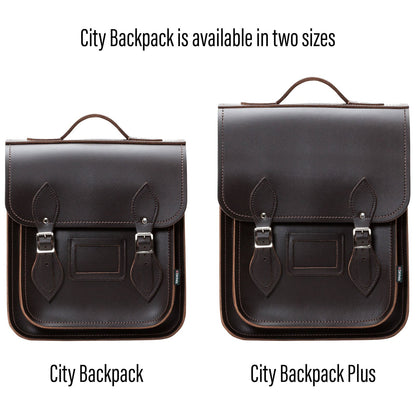 Luxury handmade dark brown leather city backpack, ideal for stylishly navigating city streets or business meetings, combining sophisticated design with practical storage solutions.