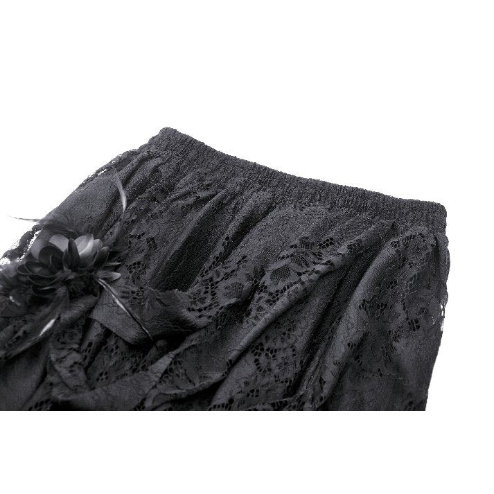 Back view of the Dark in Love Abella Distressed Lace Midi Skirt, showcasing its exquisite lace craftsmanship and floral embellishments, a true luxury piece.