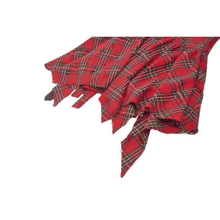 Model display of the Dark in Love Annika Distressed Red Tartan Dress layered with a white underdress, illustrating the dress’s stylish blend of elegance and edgy design.