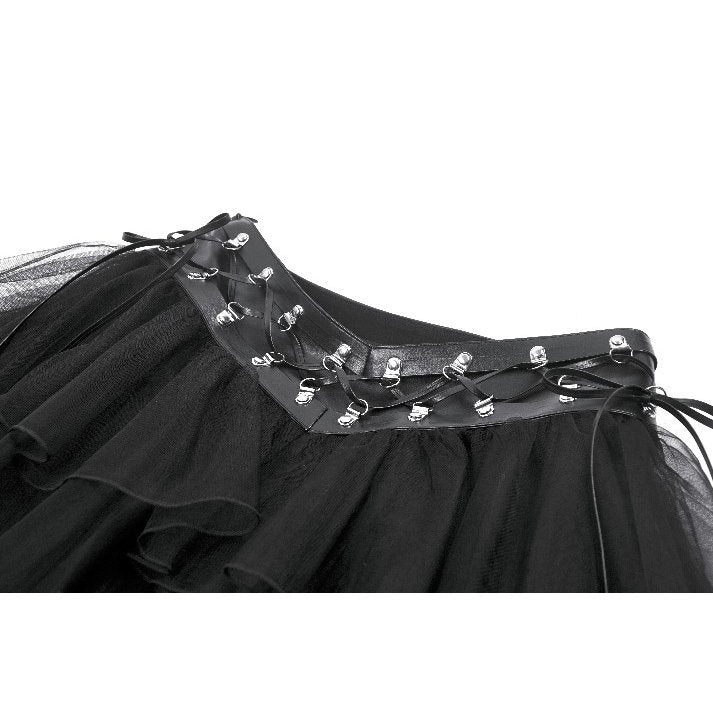 Luxurious Dark in Love Goth Mini Skirt featuring layered bonded tulle, a faux leather waistband, and striking studded O-ring embellishments, ideal for a glamorous alternative fashion look.