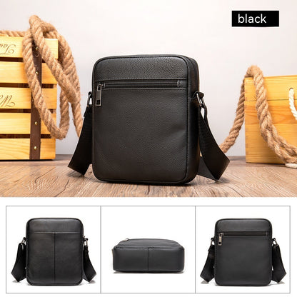 Dazzling Men's Genuine Leather Small Shoulder Bag in classic black with elegant litchi pattern, an essential accessory for a refined appearance.