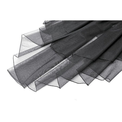 Elegant gothic tiered mesh ruffle dress showcasing stud adorned shoulders and crisscross ruffle trim, perfect for a dramatic evening look.