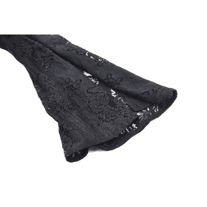 Elegant gothic lace dress with gemstone buttons and adjustable waist, modelled in black, showcasing a flared silhouette for a striking fashion statement.