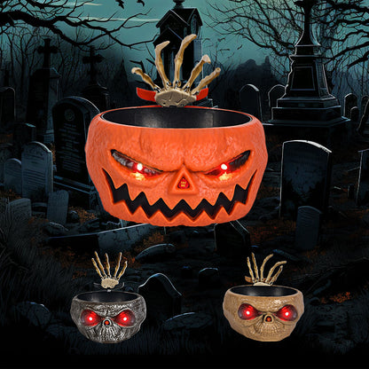 Halloween Candy Bowl With Motion Activated Skeleton Hand featuring an ominous pumpkin design and light-up eyes, perfect for spooky gatherings.