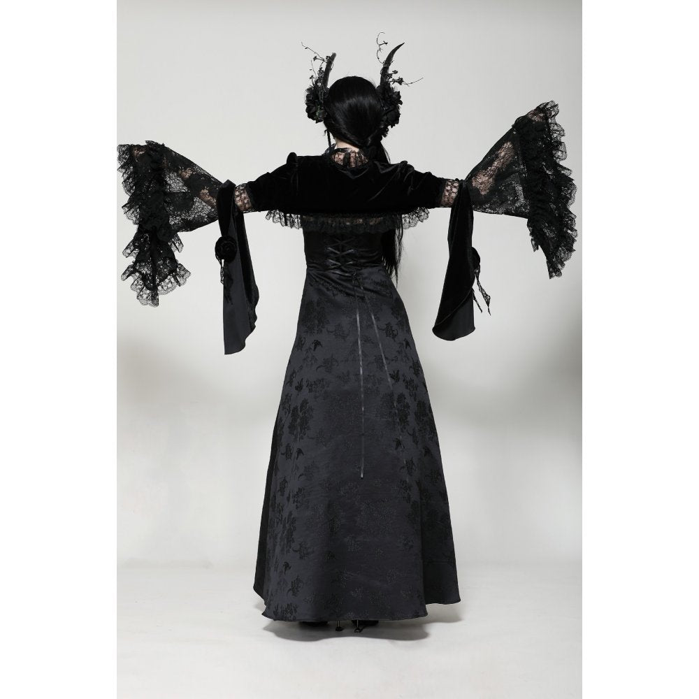 Elegant Lavinia Velvet and Lace Shrug featuring dramatic bell sleeves from Dark in Love by Kate's Clothing.