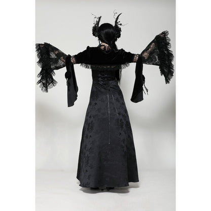 Elegant Lavinia Velvet and Lace Shrug featuring dramatic bell sleeves from Dark in Love by Kate's Clothing.