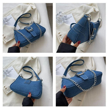 Stylish denim shoulder bag featuring intricate stitching and modern buckle design.