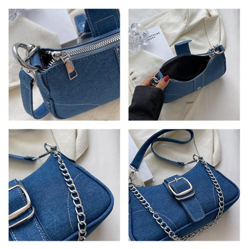 Versatile denim handbag with chain accents, ideal for casual or business occasions.