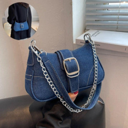 Stylish denim shoulder bag featuring a chic chain strap, perfect for trendy women seeking sophistication in their accessories.
