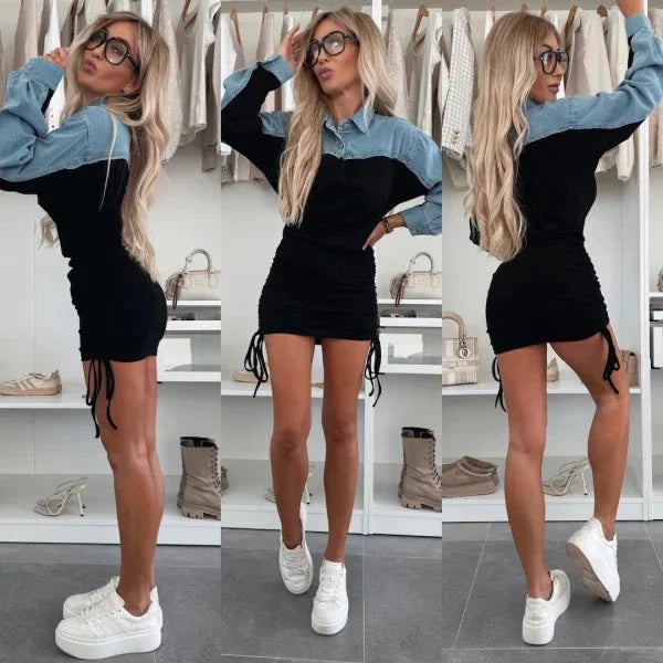 Chic denim and cotton dress with elegant collar and adjustable drawstrings, showcasing a stylish feminine silhouette.