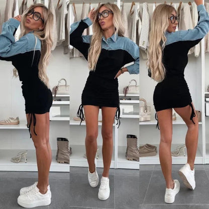 Chic denim and cotton dress with elegant collar and adjustable drawstrings, showcasing a stylish feminine silhouette.