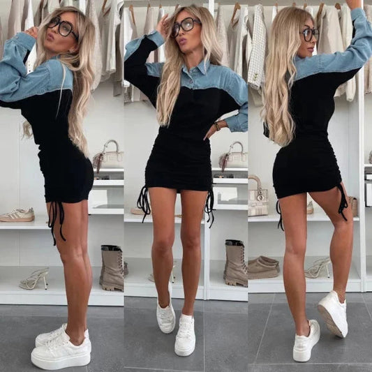 Chic denim and cotton dress with elegant collar and adjustable drawstrings, showcasing a stylish feminine silhouette.