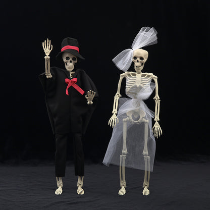 Elegant Halloween Skull Fish-skeleton Hanger showcasing two articulated skeletons in stylish attire, ideal for sophisticated Halloween decorations.