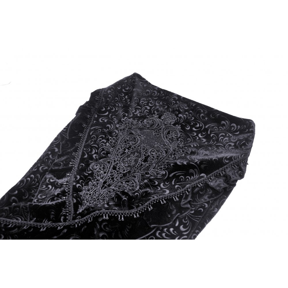 Close-up view of the luxurious velvet fabric and delicate lace hemline of the Dark In Love midi skirt, ideal for special occasions.