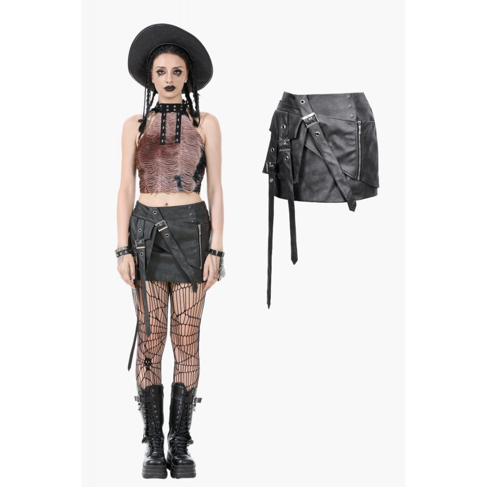 Elegant Dark in Love Chaos Reign Faux Leather Mini Skirt with Asymmetric Panels and Decorative Hardware in sophisticated black, showcasing a rebellious punk style with intricate detailing and structured silhouette, perfect for a daring statement.