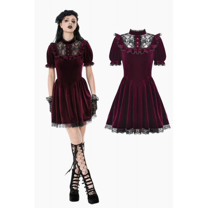 Luxurious Ophelia Lace Collar Burgundy Velvet Dress with Puffed Sleeves, showcasing intricate lace detailing and a vintage goth aesthetic, ideal for elegant alternative events. Available from XS to 4XL.