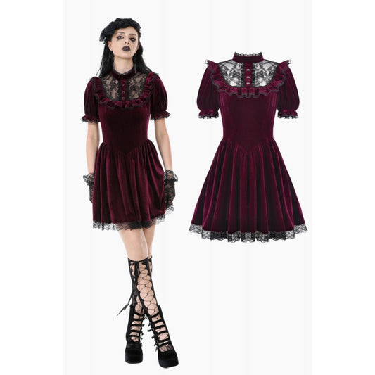 Luxurious Ophelia Lace Collar Burgundy Velvet Dress with Puffed Sleeves, showcasing intricate lace detailing and a vintage goth aesthetic, ideal for elegant alternative events. Available from XS to 4XL.