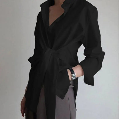 Elegant Long Sleeve Ruched Tie Front Blouse for Women from Dazzling Dreams Studio, displayed in classic black, perfect for sophisticated office wear.