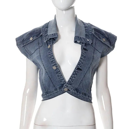 Chloe Women's Denim Skirt Set - Fashion-forward cropped denim top with detailed button accents and sophisticated V-neckline.