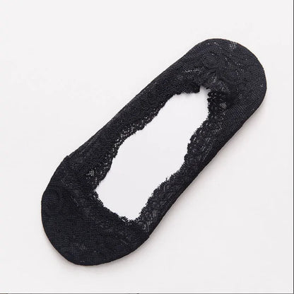 Close-up of Dazzling Dreams Studio's exquisite lace detailing on premium non-slip no show socks, offering a luxurious touch.