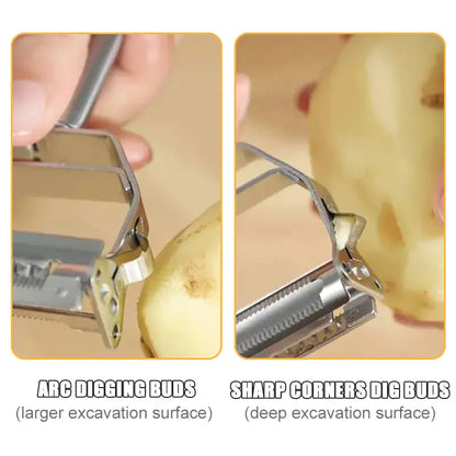 Innovative dual-peeler design showcasing arc digging buds and sharp corners, crafted for precision peeling of assorted fruits and vegetables, enhancing gourmet meal preparations.