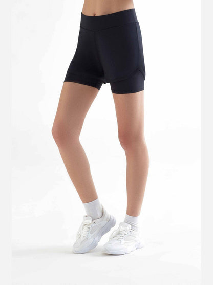 Luxury sustainable women's cycling shorts featuring a double layer design made from 100% recycled polyester, emphasising eco-friendly comfort and stylish performance for cycling enthusiasts.