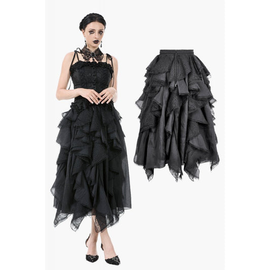 Elegant black Morrigan Ruffled Gothic Midi Skirt featuring an asymmetric hem and luxurious tiered ruffles, perfect for high drama gothic elegance.
