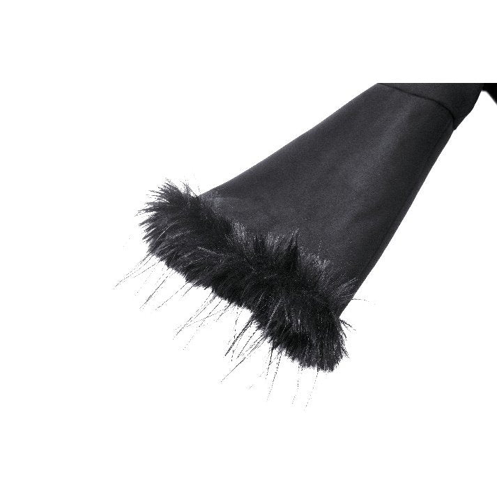 Close-up view of the pleated front and stylish belled sleeves of the Dark In Love Eira Lace Hooded Coat.