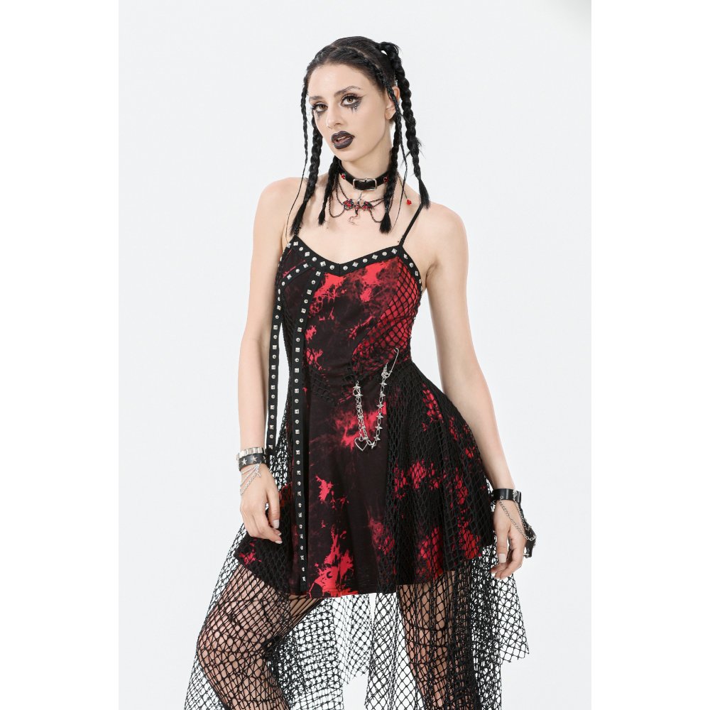 Luxury Dark In Love Bellatrix dress showcasing striking red and black mesh design with studded trim and sheer panel for a gothic punk aesthetic.