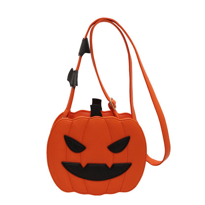 2023 Halloween Bags - Elegant Funny Pumpkin Cartoon Shoulder Crossbody Bag in vibrant orange, showcasing a whimsical pumpkin face with exquisite bat accents for a chic Halloween accessory.