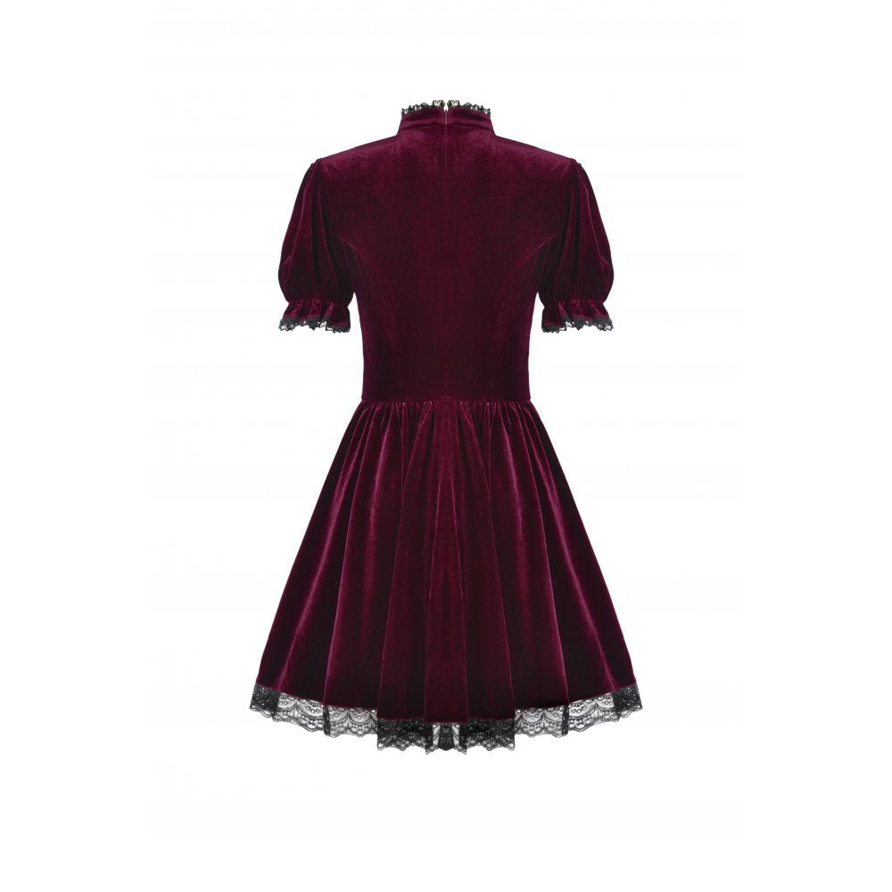 Luxurious burgundy velvet goth dress featuring a high lace collar and puffed sleeves, perfect for alternative fashion enthusiasts.
