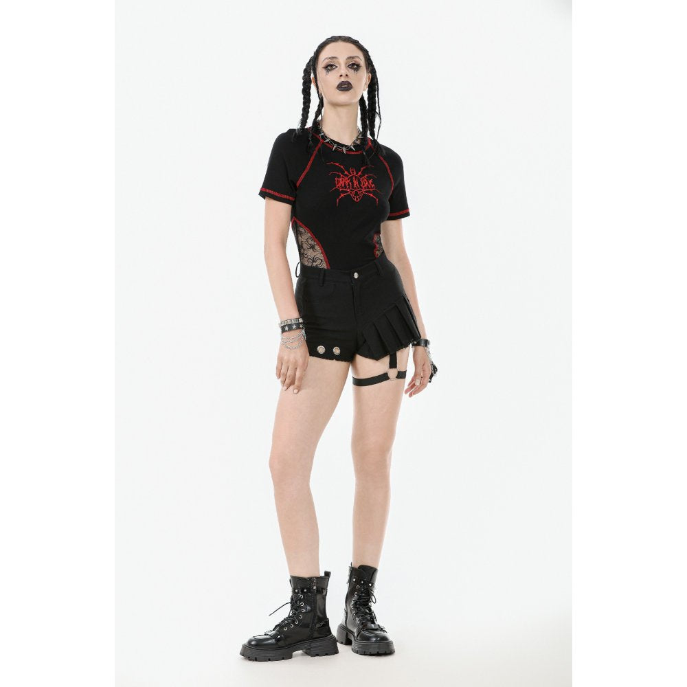 Front view of high-waisted black garter shorts with zipper and clasp closure, designed for unparalleled comfort and fashion versatility in alternative styles.