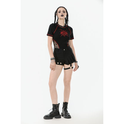 Front view of high-waisted black garter shorts with zipper and clasp closure, designed for unparalleled comfort and fashion versatility in alternative styles.