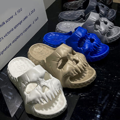 Distinctive range of personalized skull design Halloween slippers in various colours, blending style with practicality for every casual occasion.