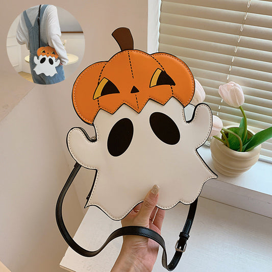 Creative 3D Cartoon Pumpkin Ghost Design Shoulder Bag; luxury women's accessory perfect for Halloween, featuring a whimsical pumpkin and ghost motif.