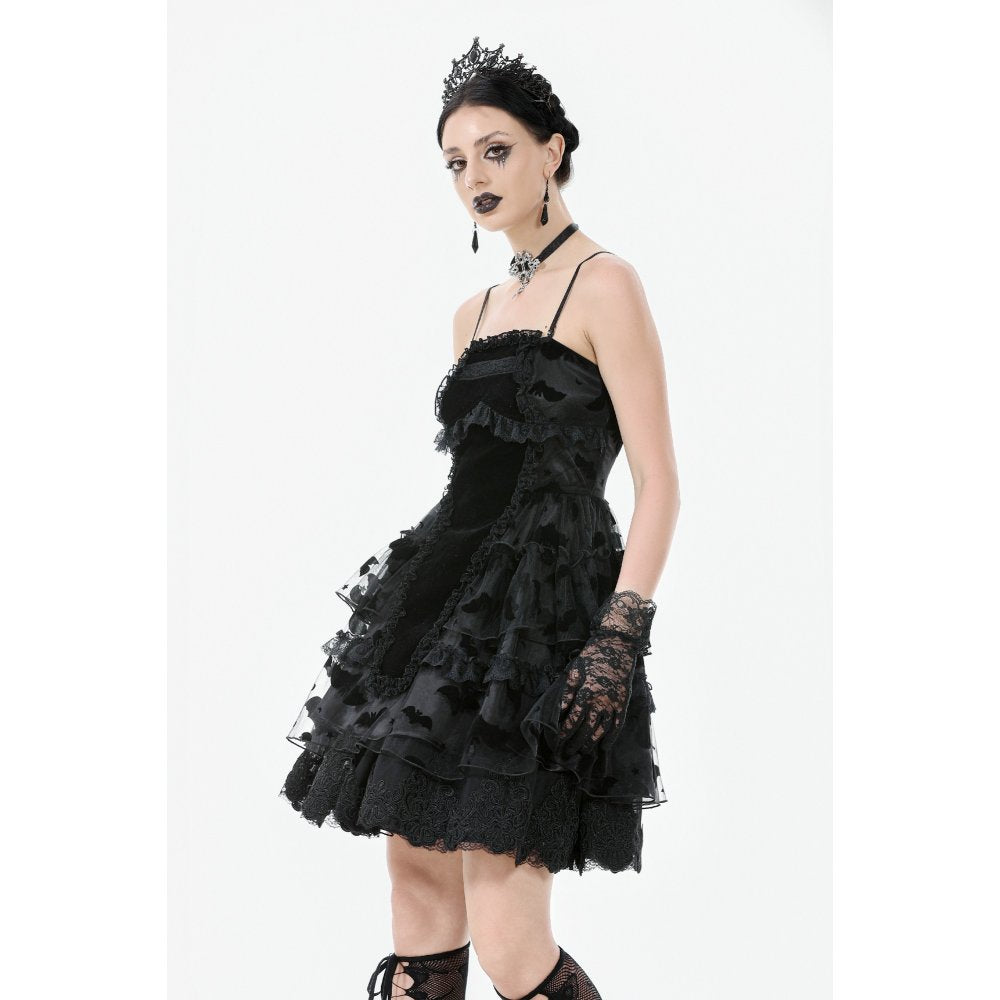 Elegant bat mesh mini dress showcasing a layered skirt and intricate lace trim, perfect for goth and alternative fashion enthusiasts.