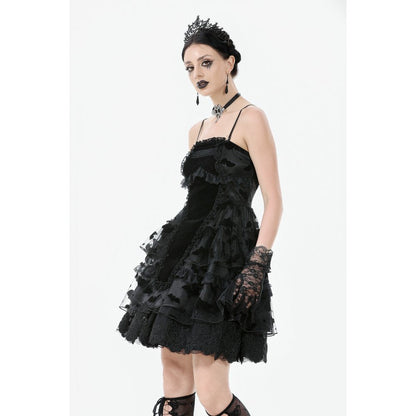 Elegant bat mesh mini dress showcasing a layered skirt and intricate lace trim, perfect for goth and alternative fashion enthusiasts.