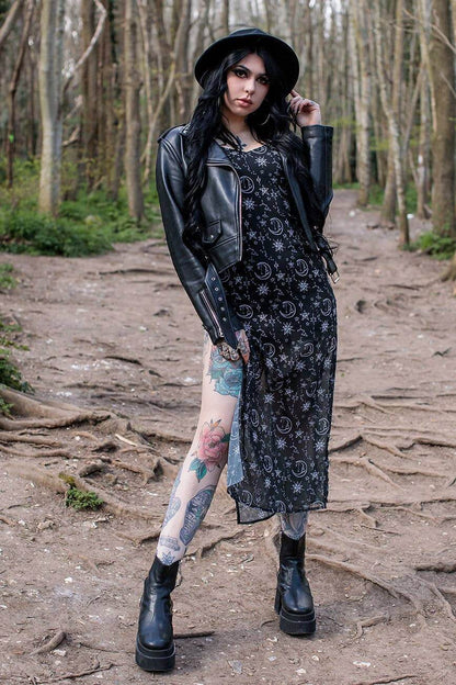 Elegant Moon & Stars Strappy Chiffon Maxi Dress featuring celestial print of moons and stars, with side split detail, perfect for a luxurious goth style.