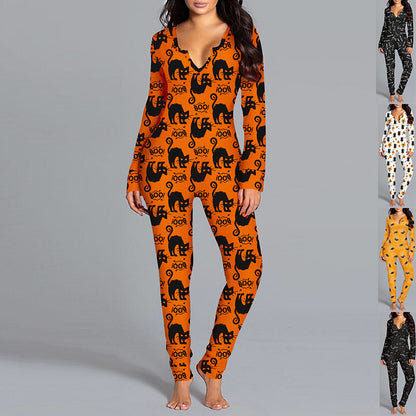 Luxury Halloween Printed Jumpsuit featuring a stylish orange fabric adorned with playful black cat motifs, perfect for festive occasions and cosy nights at home. This long-sleeve pajama set from Dazzling Dreams Studio combines comfort with seasonal elegance.