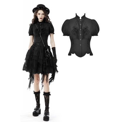 Elegant Dark In Love Sinead Black Blouse showcasing short puff sleeves and ruffle collar for a sophisticated look.